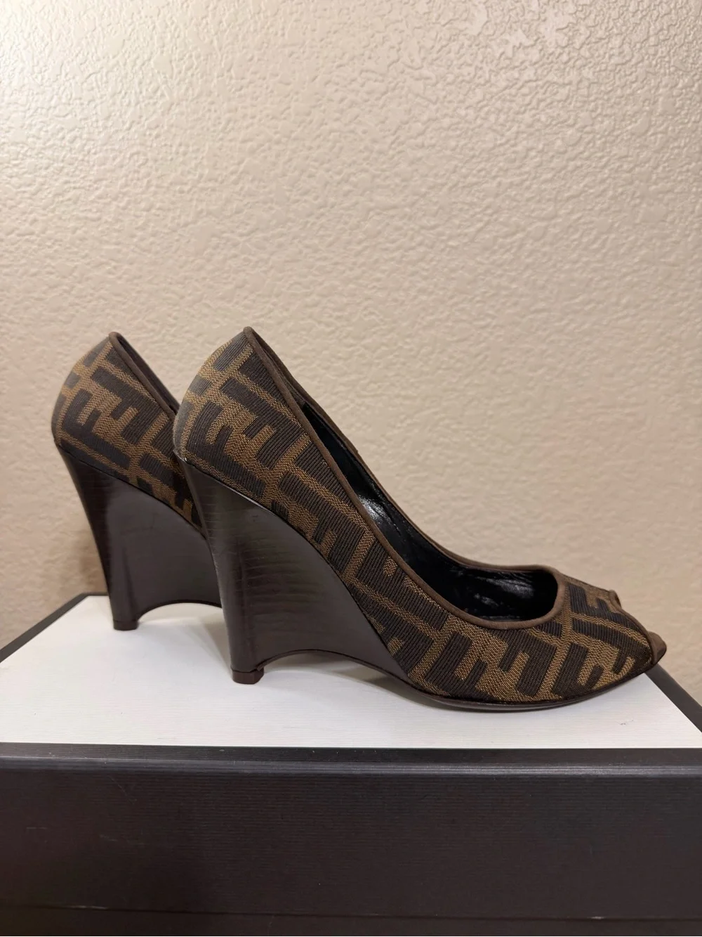 Fendi Brown Monogram Peep-Toe Heels size 38/ 8 in excellent condition